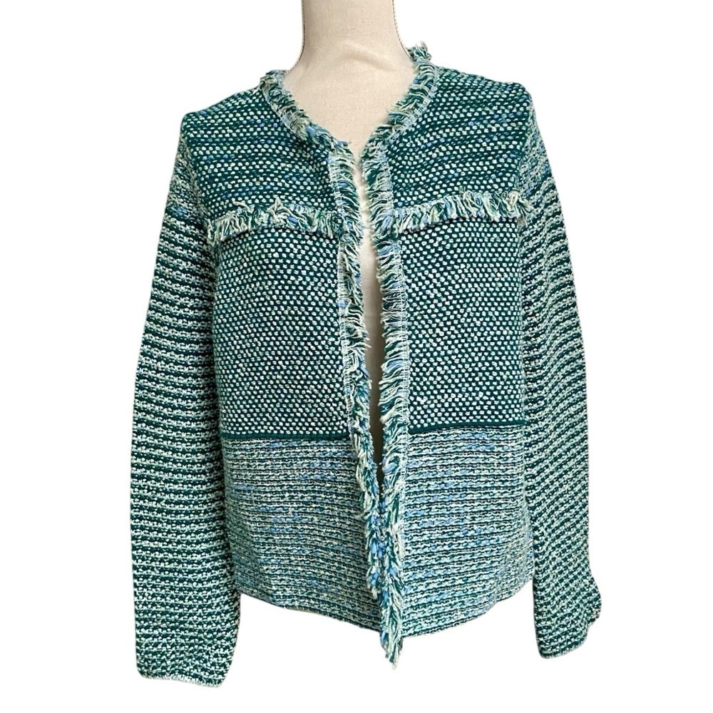 Chico’s Pacific Teal Tweed Fringe Open Front Cardigan Jacket Size 1 NWT